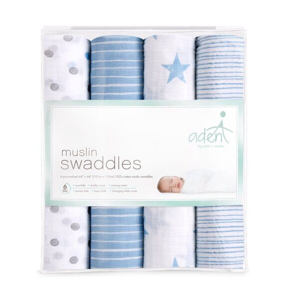 aden + anais Essentials Muslin Swaddle Blankets 100% Cotton, 4-Pack (44" × 44") - Picture 1 of 2